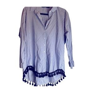 ZARA Striped Blue Tassel Hem Women's Top Size Medium